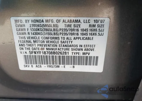 2008 Honda Pilot Ex-L from USA, damaged, VIN 5FNYF18708B026281